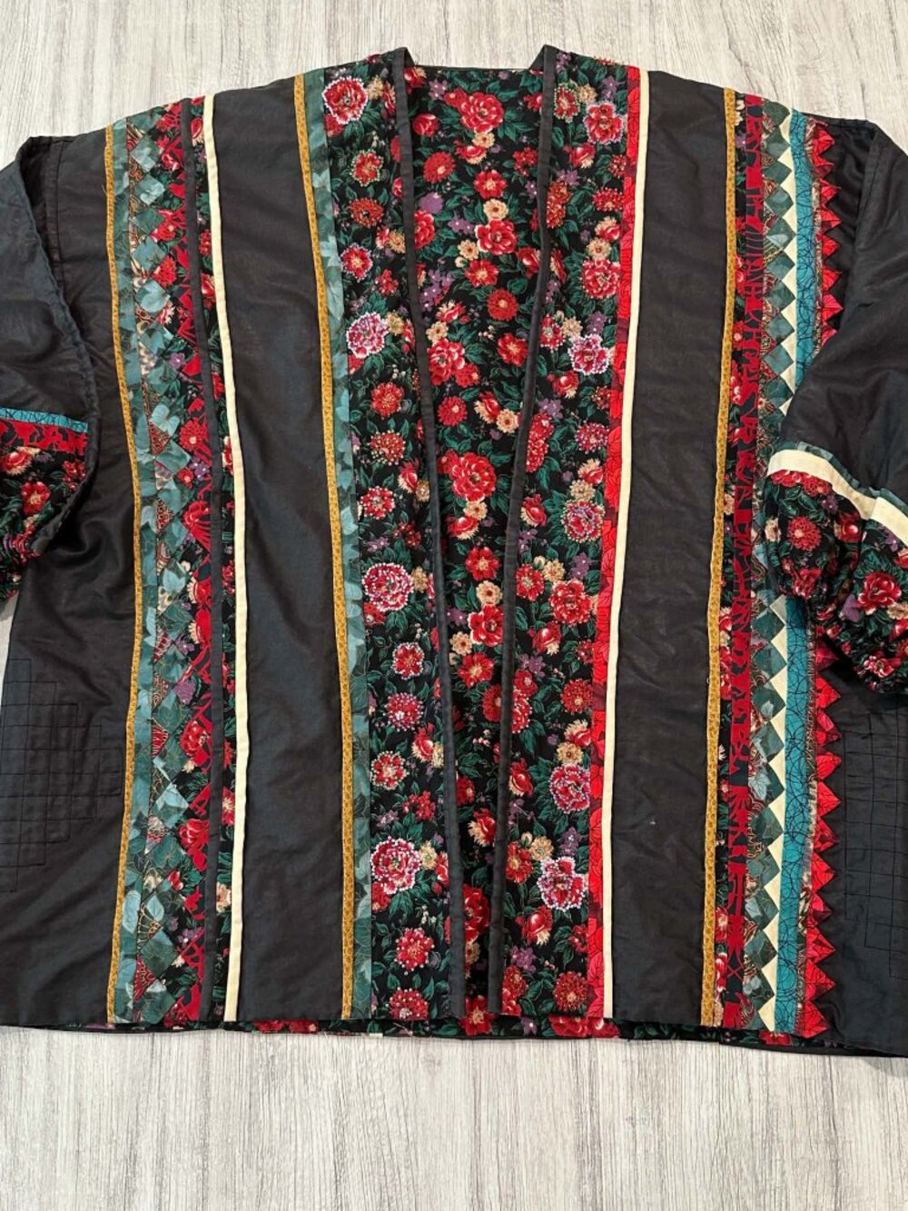 Vintage Handmade Style Patchwork Floral Jacket Beaded Embellished Black Sz XL